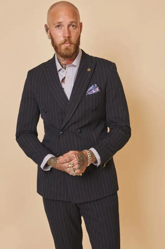 Dobbeltradet - Navy Stribet Jakkesæt - Marc Darcy Rocco Navy