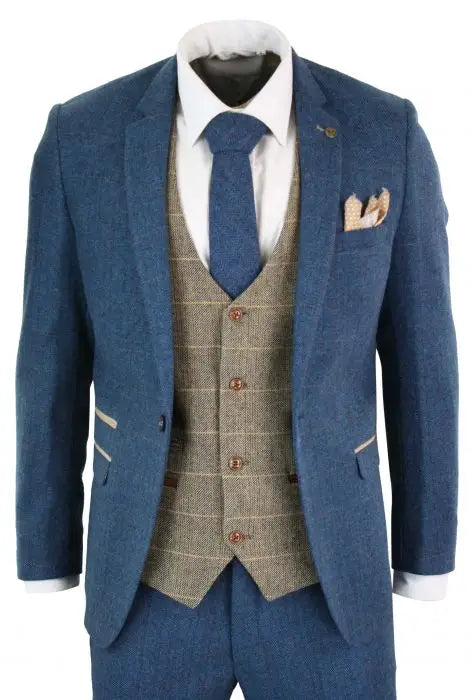 Jakkesæt Med Vest tweed blå/brun
