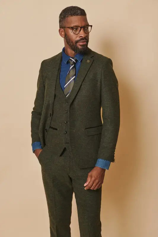 Jakkesæt Med Vest Tweed Marlow Olive - Marc Darcy