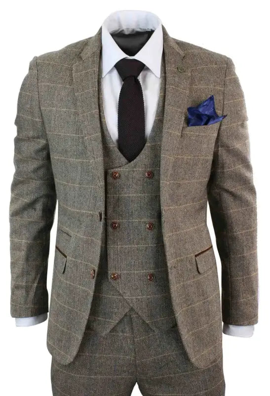 Jakkesæt Med Dobbeltbrystet Vest I Herringbone Brown Classic