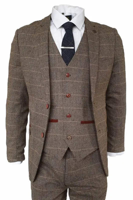 Jakkesæt Med Vest - Herribone Brown Classic
