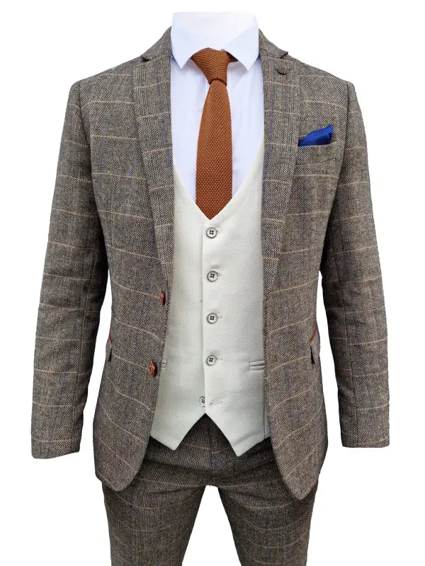 Mix and match - Jakkesæt Med Vest Herringbone Brown/Cream