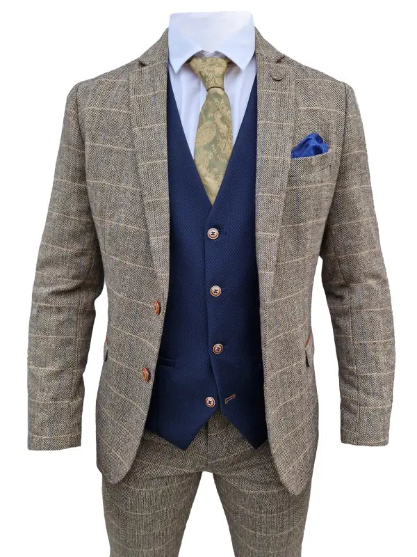 Mix and match - Jakkesæt Med Vest Herringbone Brown/Navy