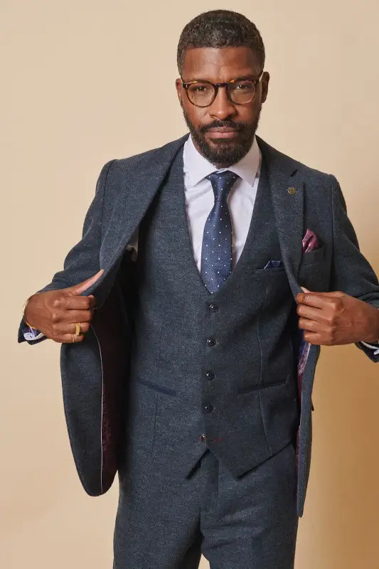 Jakkesæt Med Vest Tweed Marlow Blue - Marc Darcy