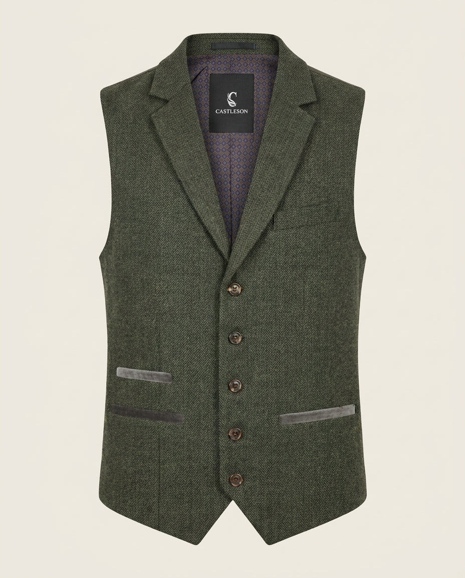 CASTLESON Chief - Gilet Olive Tweed — voorkant