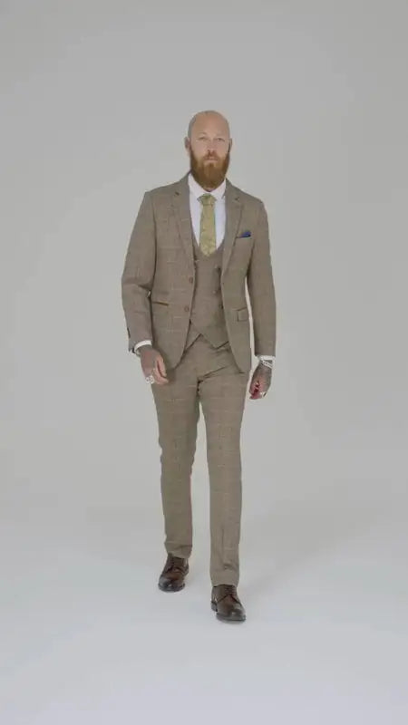 Jakkesæt Med Dobbeltbrystet  Vest I Herringbone Brown Classic