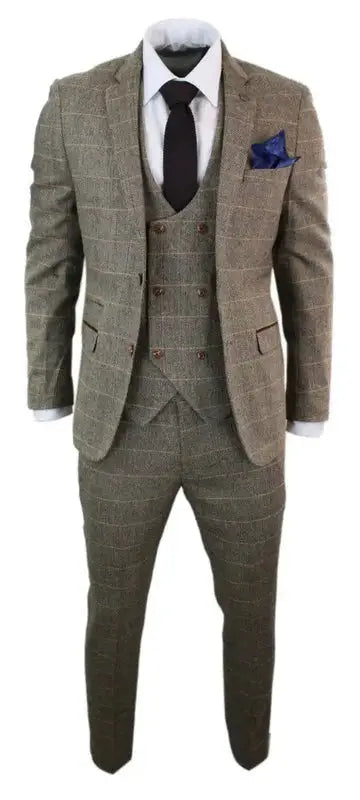 Jakkesæt Med Dobbeltbrystet  Vest I Herringbone Brown Classic