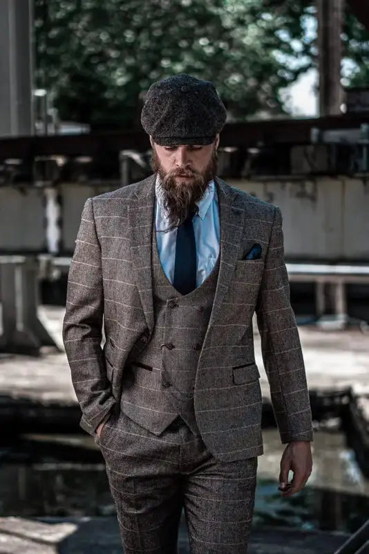 Jakkesæt Med Dobbeltbrystet  Vest I Herringbone Brown Classic