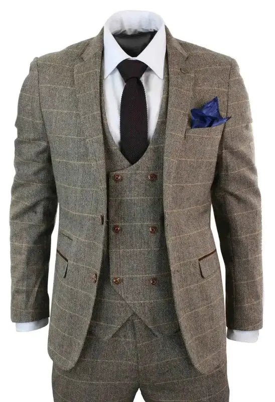 Jakkesæt Med Dobbeltbrystet  Vest I Herringbone Brown Classic