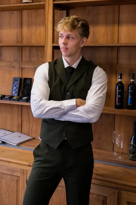 TAVERNY Chief - Jakkesæt Med Vest - olivenfarvet tweeddragt