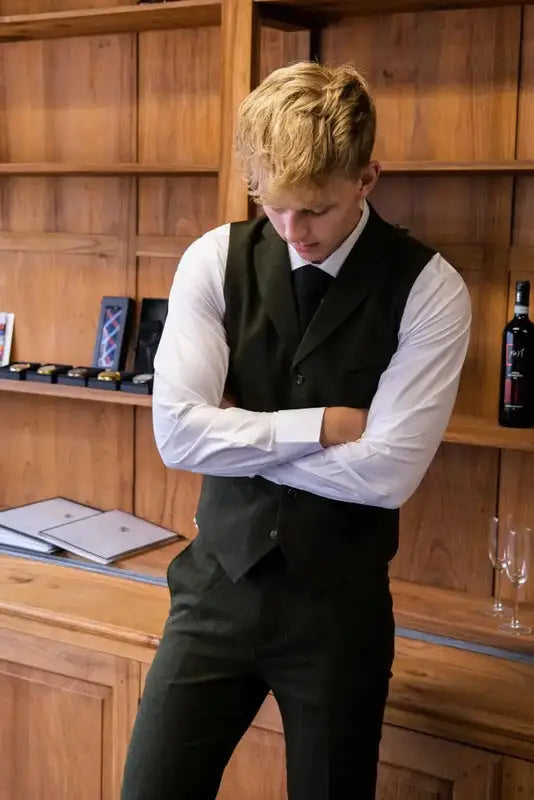 TAVERNY Chief - Jakkesæt Med Vest - olivenfarvet tweeddragt